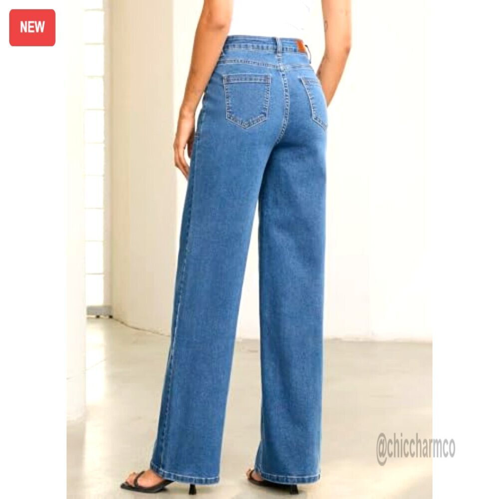 High Waisted Wide Leg Stretchy Denim Jeans Straight Leg Baggy Pants - Picture 2 of 7